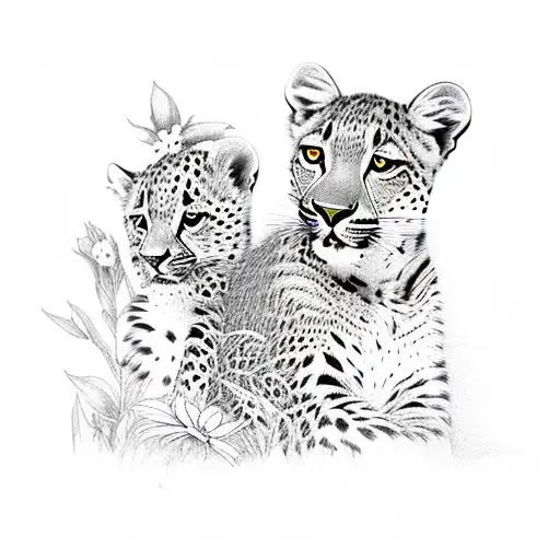 Mother Leopard Two Cubs And Flowers