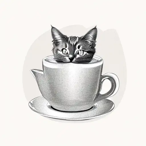 A Whimsical Cat Lounging On A Coffee Cup Surrounded By Cozy Home Elements