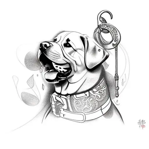 A Tattoo Design Of A Bold And Confident Dog With A Lucky Charm Symbol And A Musical Staff