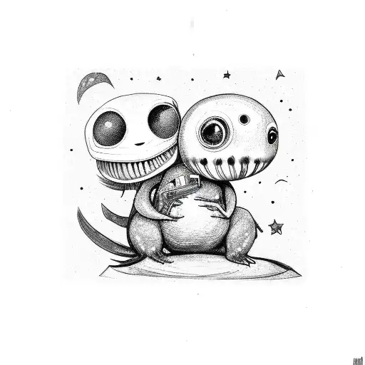 Alien And Koala Smoking A Ciggaret Sitting On A Log With Planets In The Sky