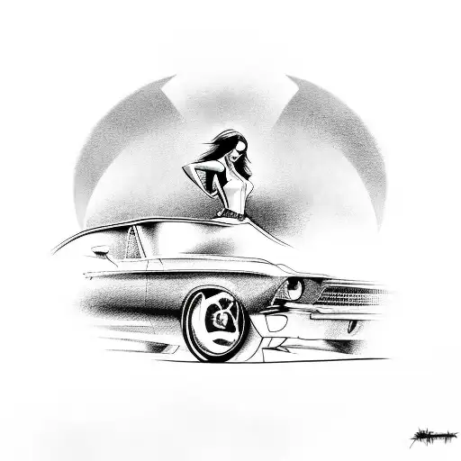 Graffiti Art Featuring A Sleek Muscle Car With A Pin Up Girl In The Driver's Seat