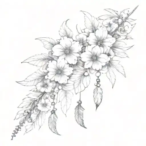 Dainty Flowers Dangling Beads Feather Intertwined