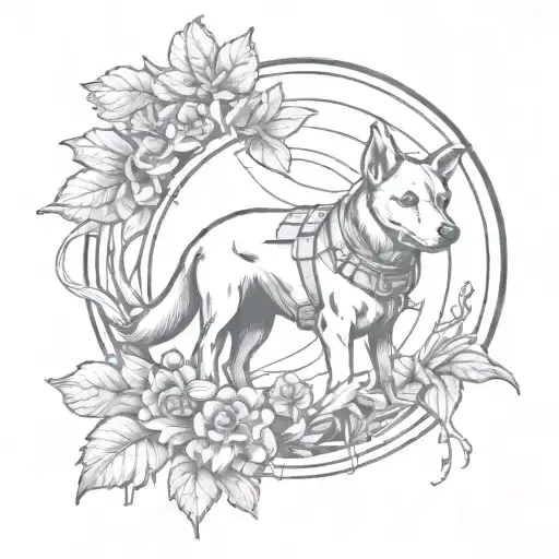 A Black-grey Tattoo Of A Military Medic Emblem With A Dog Silhouette And Nature Elements Intertwined