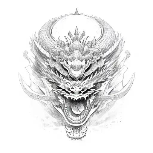 Japanese Dragon Wrapping Around A Traditional Samurai Helmet In A Sketch Style