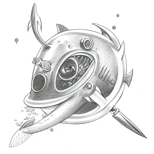 A Deep Ocean Diver Holding A Trident With Hammer Head Sharks Swimming Around Him