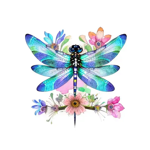 Watercolor Dragonfly With Intricate Black Striped Wings Surrounded By Colorful Flowers
