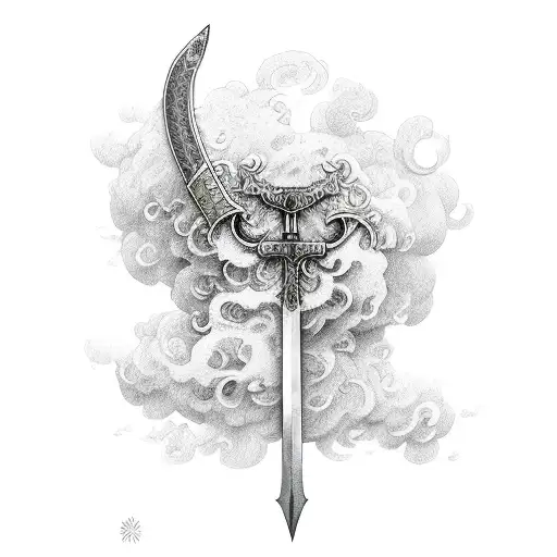 A Sword Covered In Ivy In A Cloud