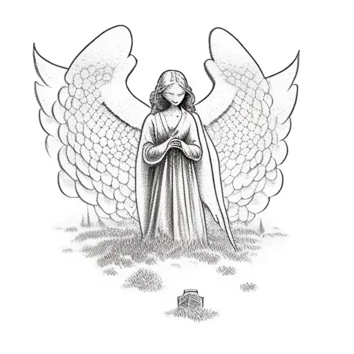 An Angel Holding A Gravestone With Your Dad's Birth Date Engraved On It In A Delicate Dotwork Style
