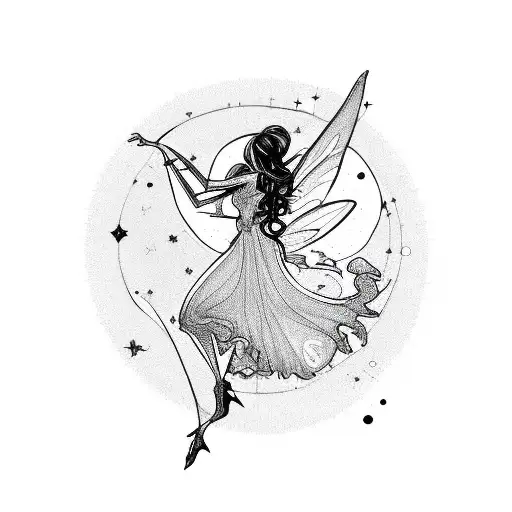 A Sketchy Silhouette Of A Fairy Dancing Among Swirling Star Patterns