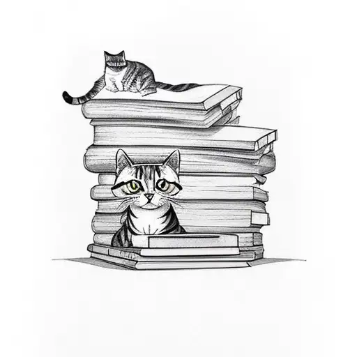 A Minimalist Tattoo Of A Cat Sitting On A Pile Of Books In A Cozy Library