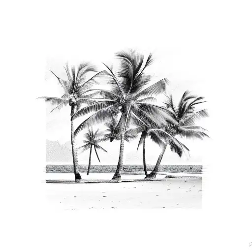 A Serene Beach Scene With Palm Trees Swaying In The Breeze