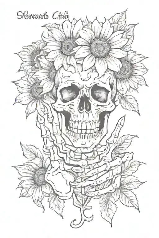 Skeleton Hand Holding Marigold Sunflower With Text Saying Memento Mori