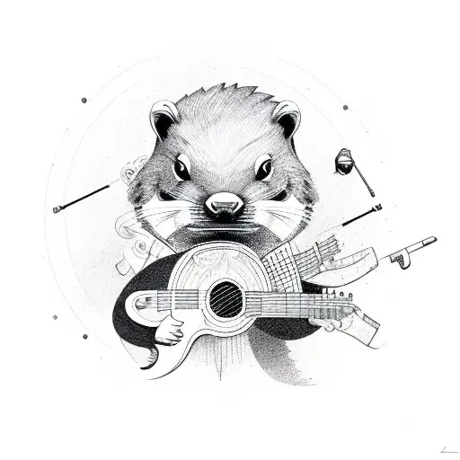 A Beaver Playing A Guitar With A Background Of Shooting Targets And Military Planes Flying Overhead