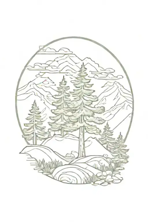 Pine Tree Surrounded My Mountain Scene Featuring Elements