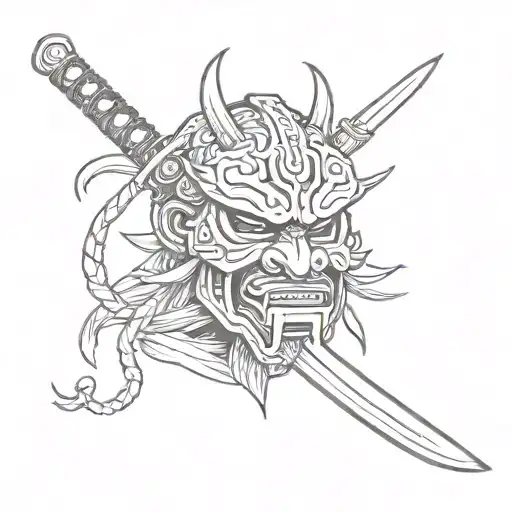 A Hanja Mask With A Katana In Its Mouth