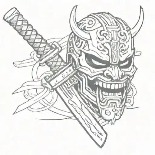 A Hanja Mask With A Katana In Its Mouth