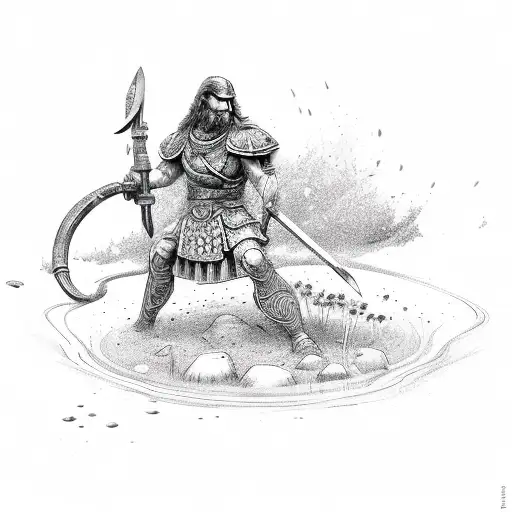 Warrior Watering Flowers By His Feet