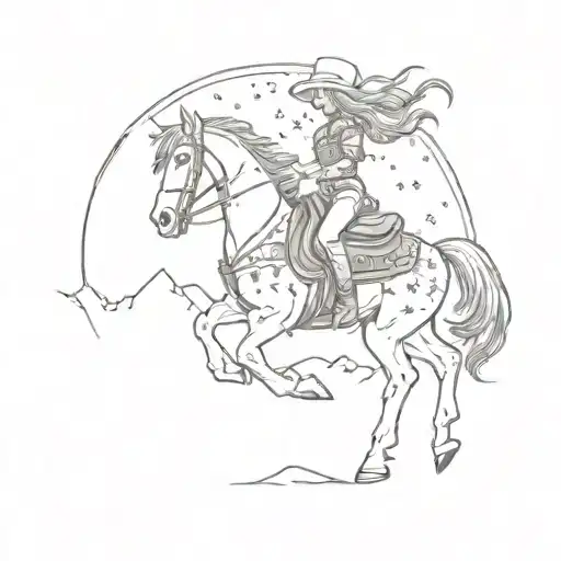 A Female Western Rider With A Star Patterned Saddle Riding Into The Sunset