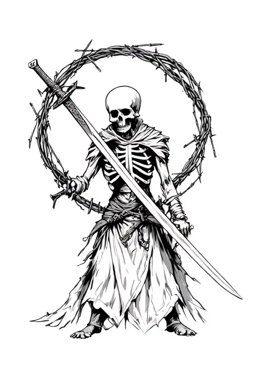 Skelton Holding Sumari Sword With Barbed Wire Around The Whole Picture