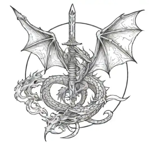 A Detailed Blackwork Dragon Wrapped Around A Sword With A Space Background
