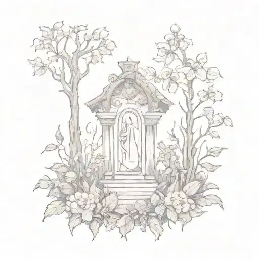 A Sketch-style Tattoo Of A Hauntingly Beautiful Graveyard Scene With Overgrown Plants And Flowers