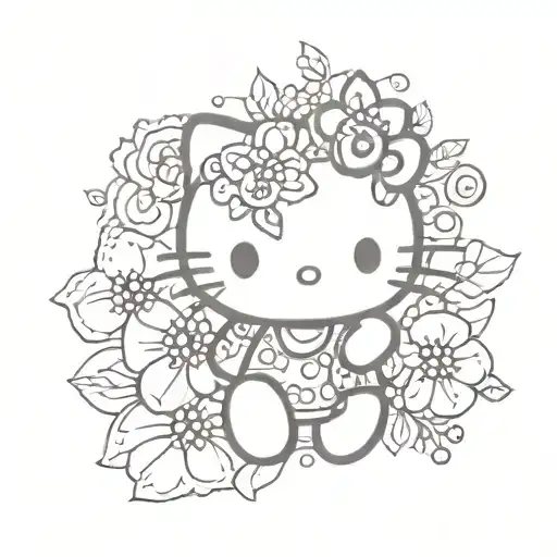 A Sketch-style Tattoo Of Hello Kitty With A Background Of Colorful Ladybugs