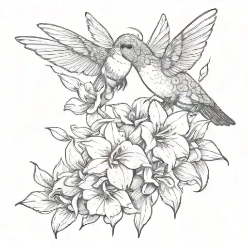 Hummingbird Hovering Over Bouquet Of Violets And Narcissus