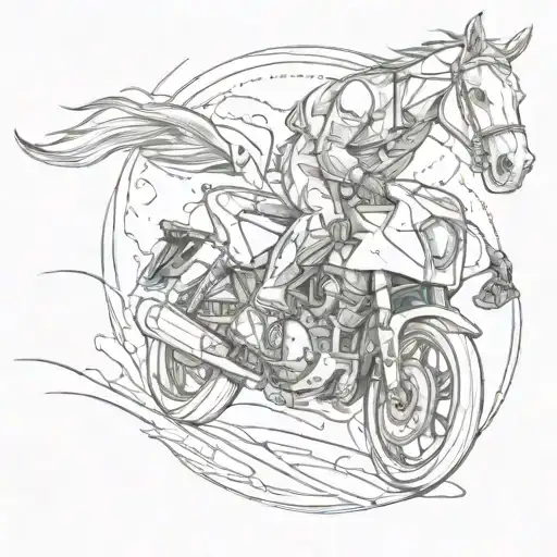 A Sketch Style Tattoo Of A Motorcycle And A Horse Intertwined In A Dynamic And Energetic Composition