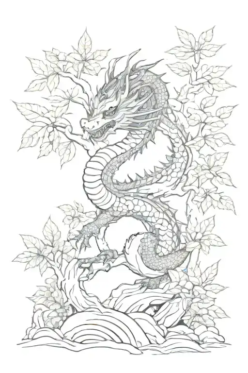 Japanese Dragon Mixed With A Bonsai Tree That Has Japanese Maple Leaves