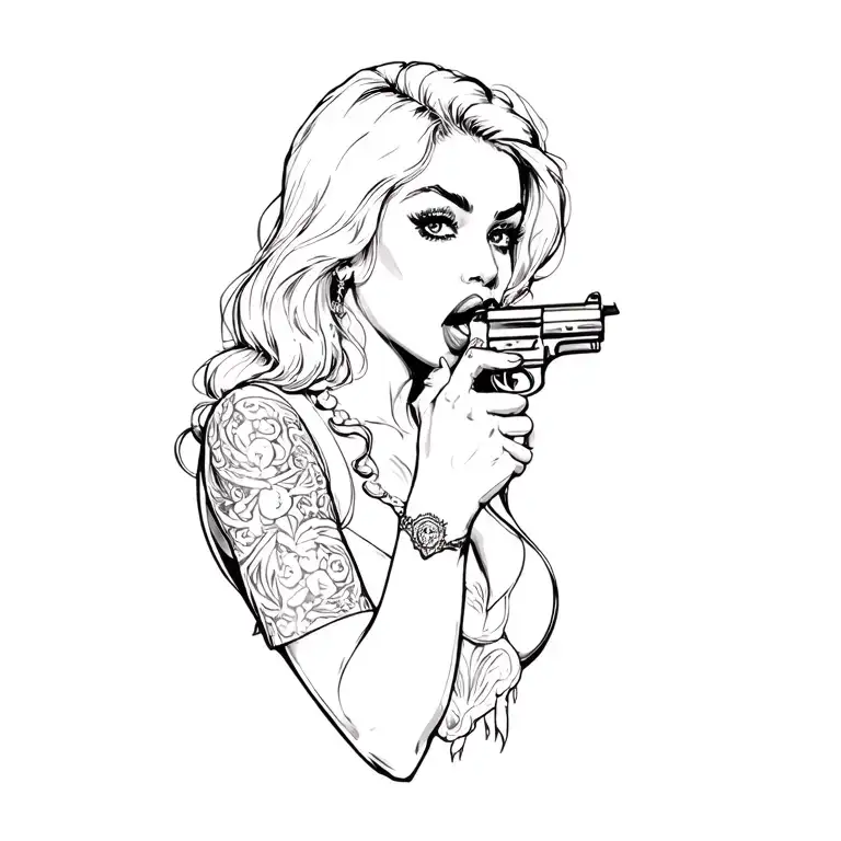 A Pretty Woman Licking The Top Of A Hand Gun