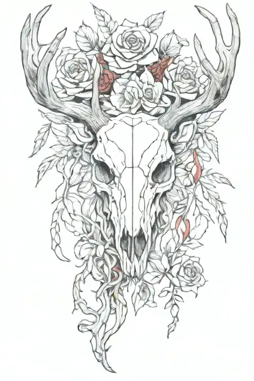 Red Flowers And Bones Of A Deer Skull Inside