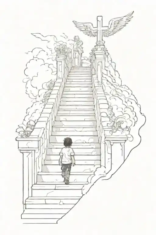 A Little Kid Shadow Figure Walking Up Stairs To Heaven With Gates Jesus And Angels