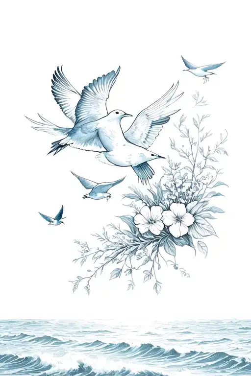 Botanical Drawing With Birds Flying And Ocean In Background