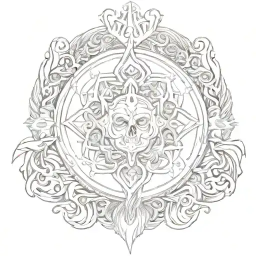 An Intricate Design Combining Religious Symbols With Elements Of Horror
