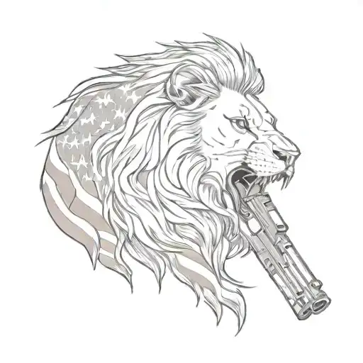 A Lion Roaring In Front Of An American Flag With A Gun In Its Mouth