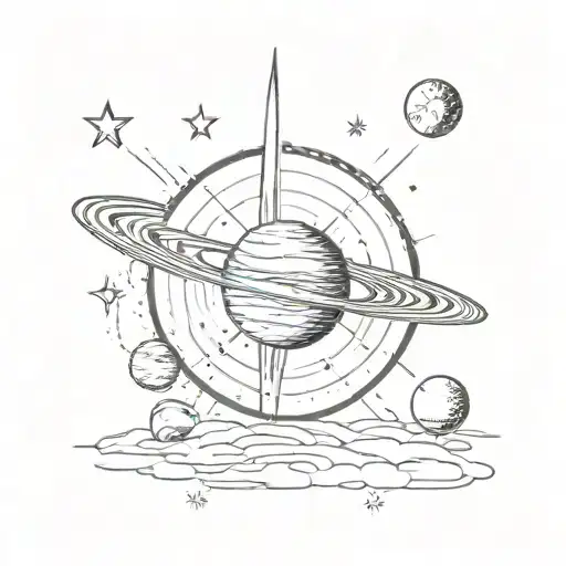 Planet Saturn Surrounded By Stars And A Moon And Sun