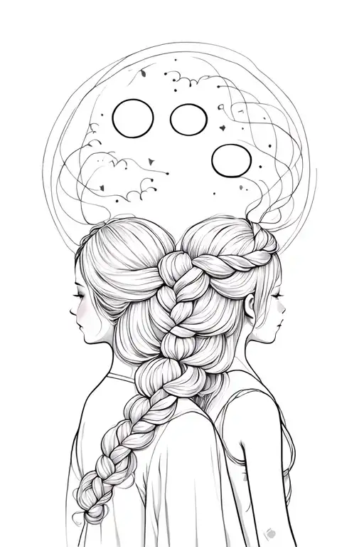 Back Side Of A Mother & 2 Daughters With Their Hair Woven Together In One Braid Looking 13 Moons