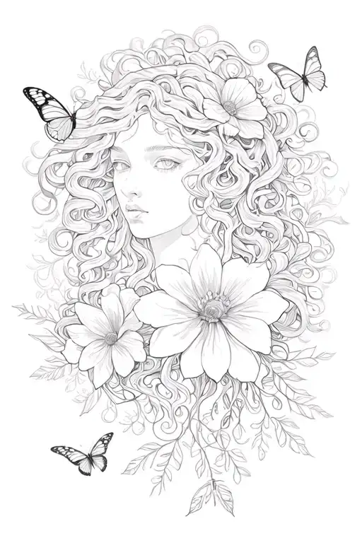 Medusa With Flowers And Butterflies Coming