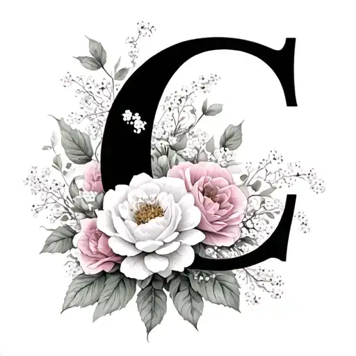 Initial C Surrounded With Wild Roses And Babys Breath Flowers
