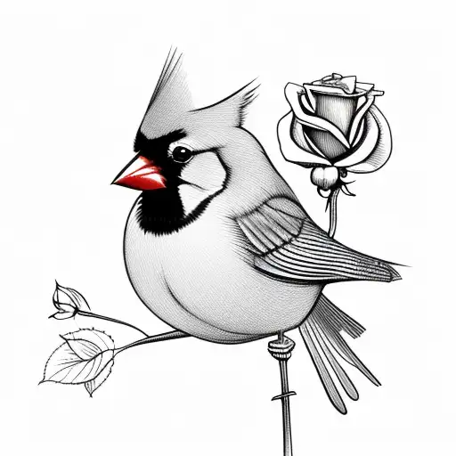 Male Cardinal Bird Holding A Rose