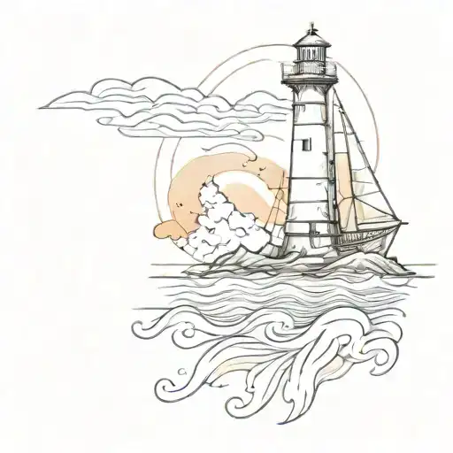 Sailboat And Lighthouse On The Thigh With Watercolor Background