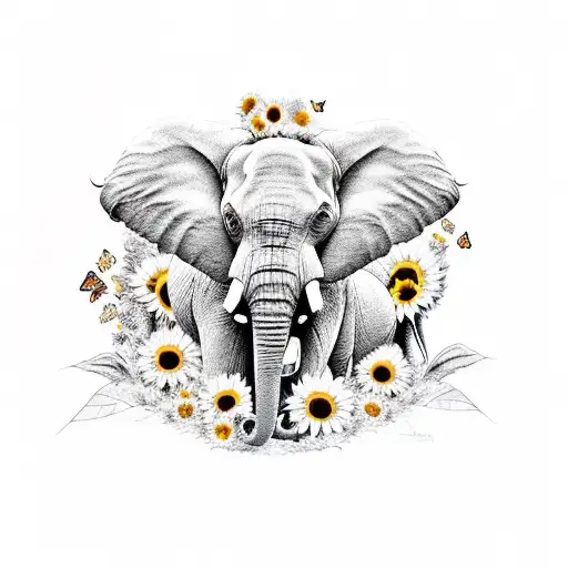 Elephant Herd With Sunflowers And Butterflies