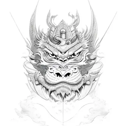 Dragon With Hennya Mask And Tori Gate And Tiger