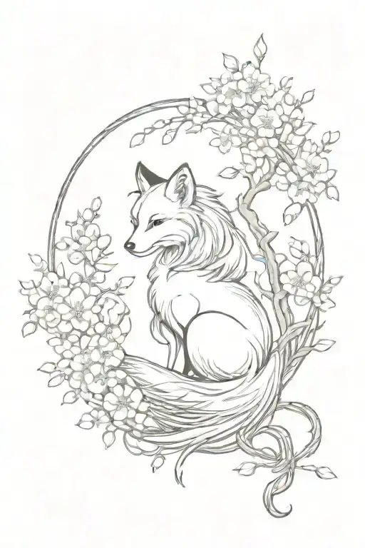 9 Tailed Foxs Crescent Moon With Cherry Blossom Tree