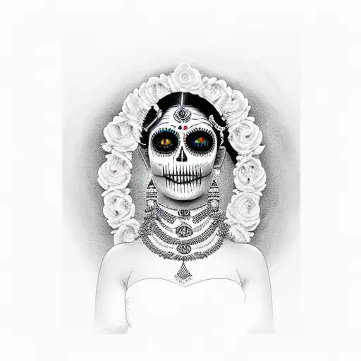 Portrait Of A Beautiful South Indian Women With Dias De Los Muertos Calavera Face Paint