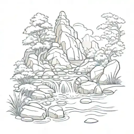 Peaceful Scene Of A Rock Near Flowing Water And Beautiful Foliage
