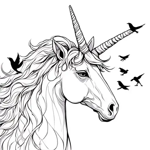 Unicorn Head Front Faced With Hair Turning In To Branches With 5 Small Black Birds