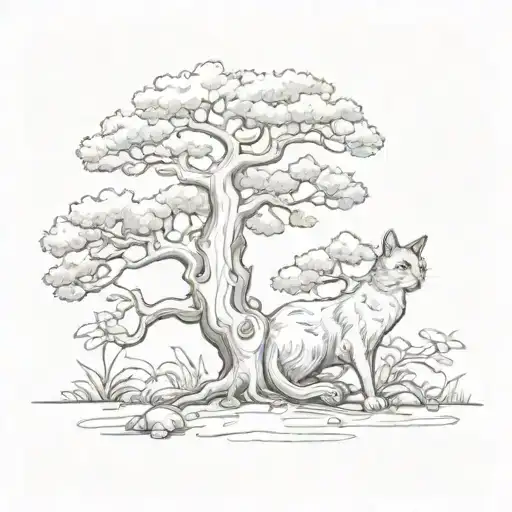 Oak Tree With Cat Climbing Trunk Surrounded