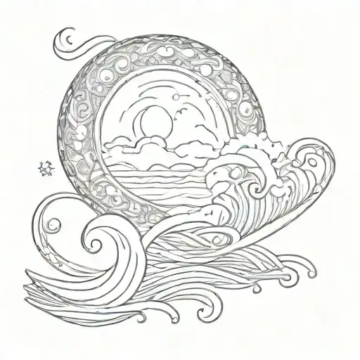 Red Crescent Moon With Waves