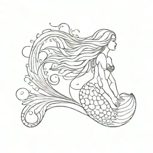 Simple Line Mermaid Tattoo With Hourglass Figure And Long Hair Swimming Upwards